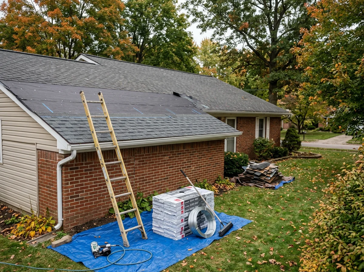 Exterior view of a residential roof being prepared for shingle work, with tools and materials staged for a crew. No people are shown in the frame.