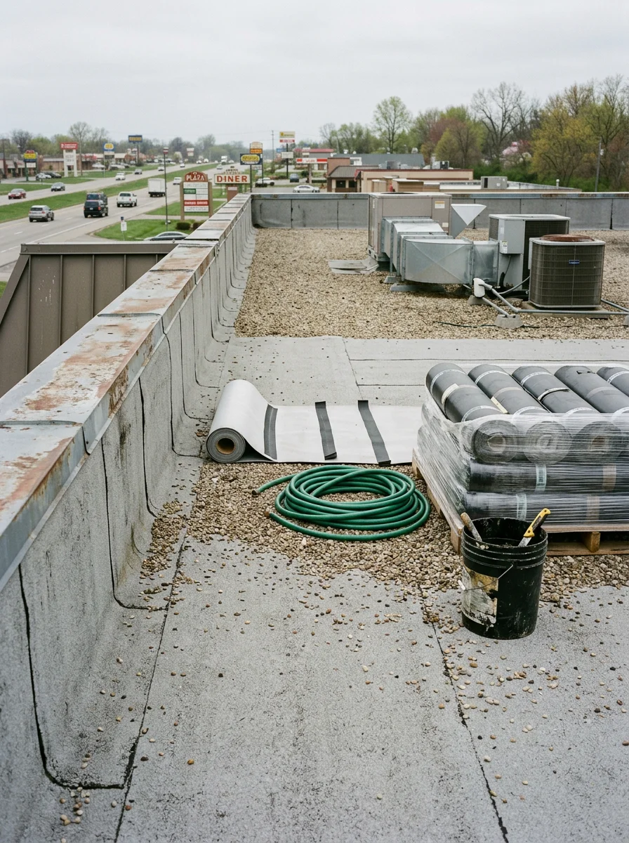 Roofer inspecting a flat commercial roof on a retail building along the US-23 corridor in Delaware, Ohio.