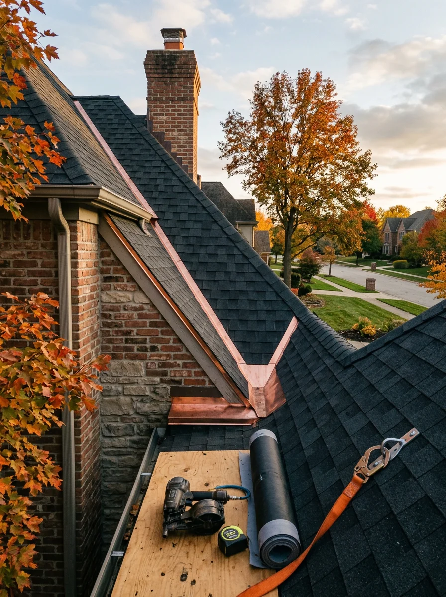 Roofer inspecting valley flashing on a steep-pitched custom home in the Muirfield Village area of Dublin, Ohio.