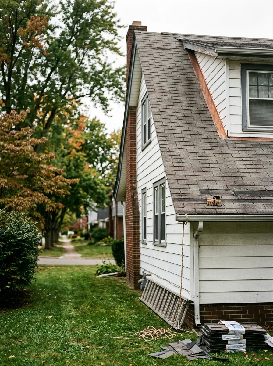 Roofer inspecting a Cape Cod home near Grove City's Broadway District, checking valley flashing and ridge cap condition on an older steep-pitched roof.