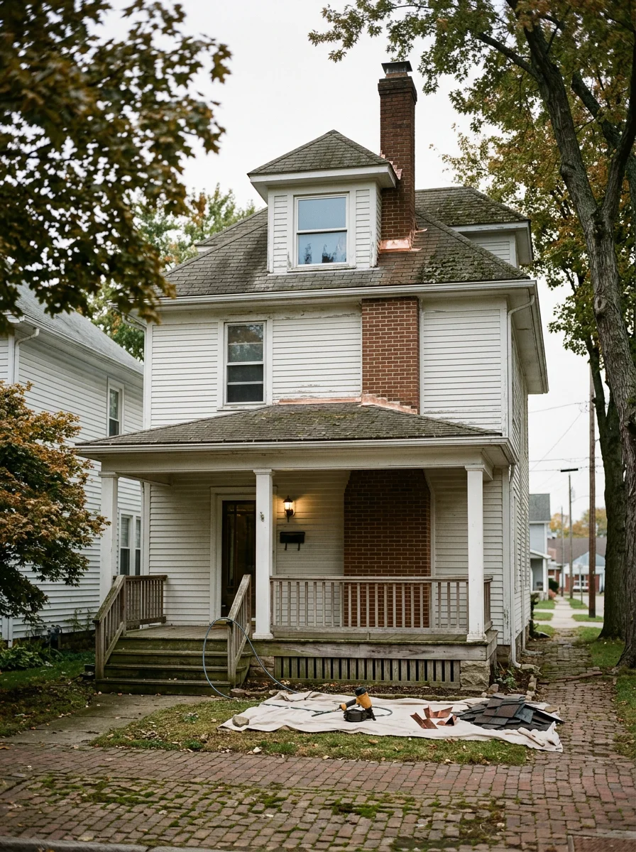 Close-up of a roofer inspecting chimney flashing on an older American Foursquare home near the Johnstown, Ohio town square.