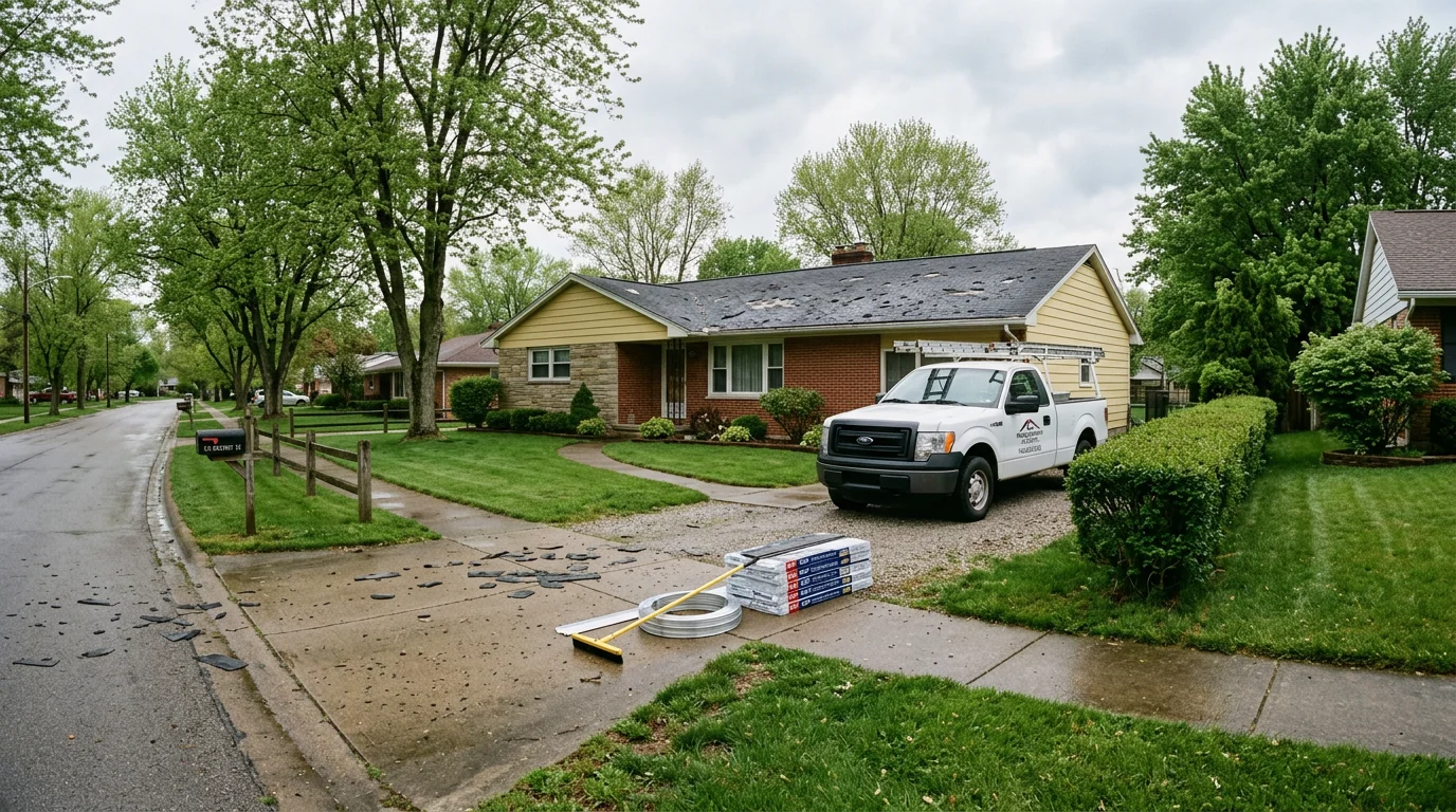 Asphalt shingle roof on a mid-century ranch home in Johnstown, Ohio, showing hail damage and granule loss after a Licking County storm.