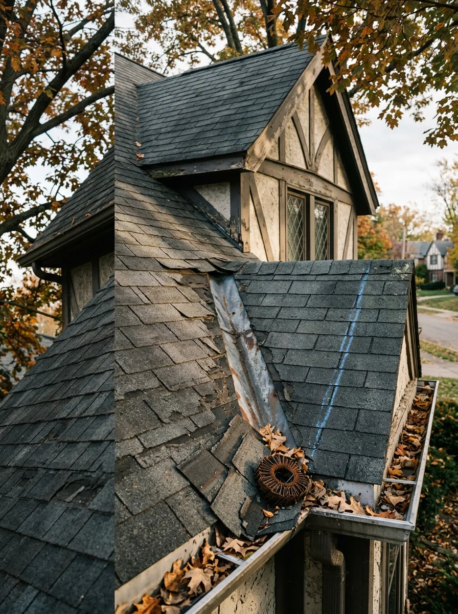Close-up of a damaged valley on a mid-century Tudor Revival home in Upper Arlington, Ohio, showing granule loss and lifted shingles near a dormer.