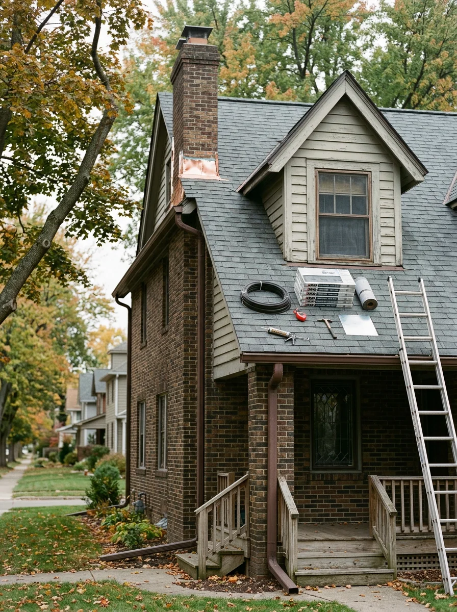 Roofer inspecting chimney flashing on a steep-pitched early 20th-century home near Uptown Westerville, Ohio.