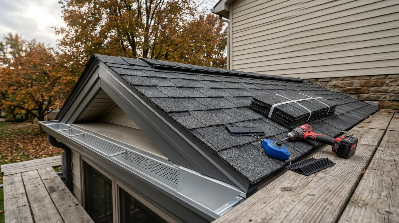 A roofing contractor installing ridge and soffit vents on a residential home in Johnstown, Ohio, with the attic framing and roof deck visible beneath a clear sky. The completed venting system shows balanced intake and exhaust points along the roofline.