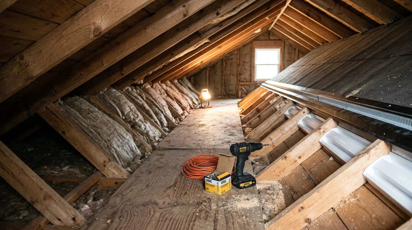 A roofing professional inspecting ridge and soffit vents on a residential home in Johnstown, Ohio, with visible attic ventilation components along the roofline. Close-up view showing the intake and exhaust vent placement on a central Ohio home during a ventilation assessment.