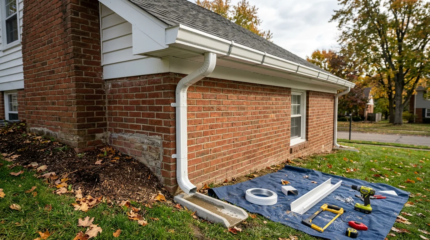 Newly installed seamless aluminum K-style gutters along the roofline of a residential home in Johnstown, Ohio, with downspouts directed away from the foundation. Close view shows clean fascia attachment and consistent gutter slope toward the downspout outlet.