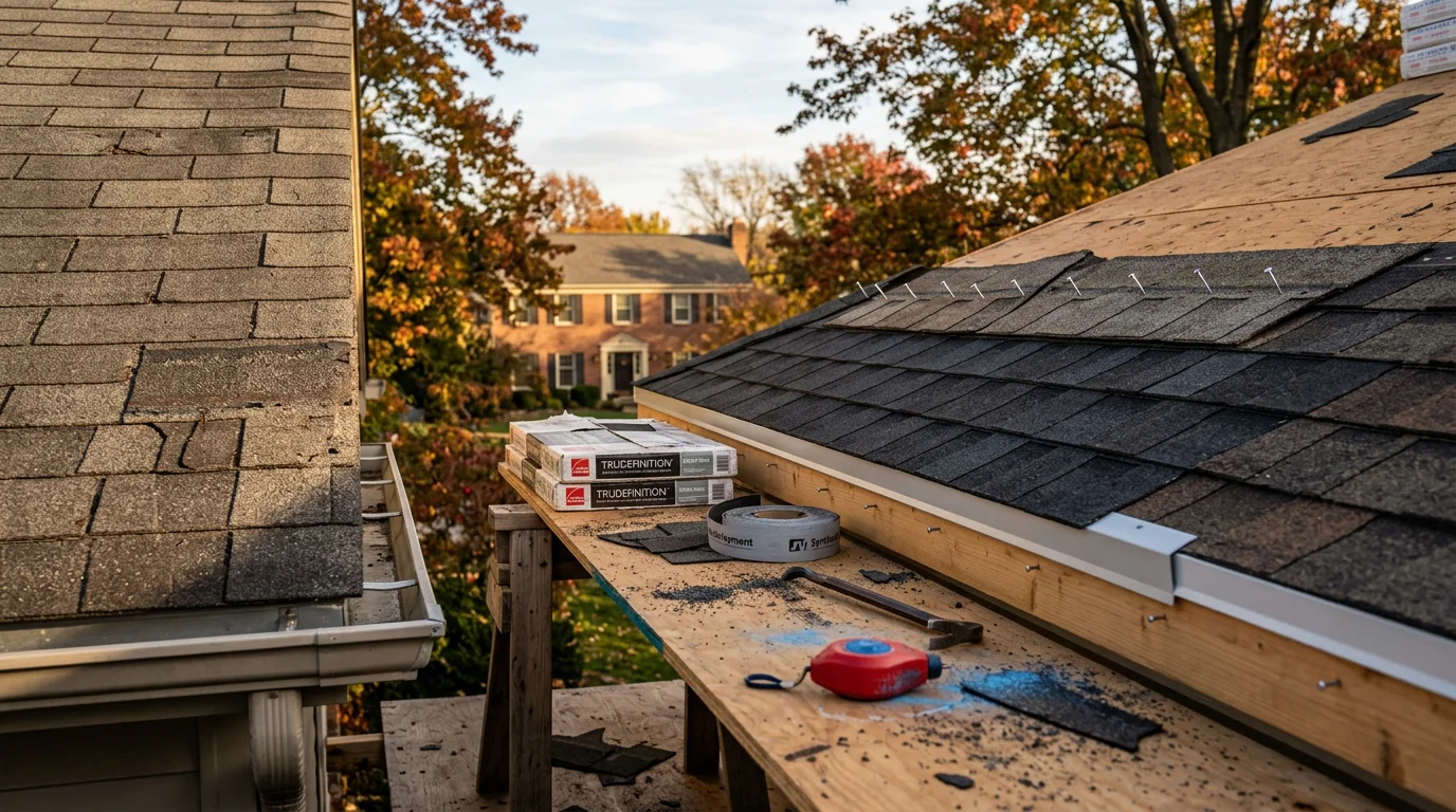A Johnstown, Ohio residential roof showing repaired asphalt shingles and replaced flashing along a chimney after storm damage. The surrounding Licking County neighborhood is visible in the background.
