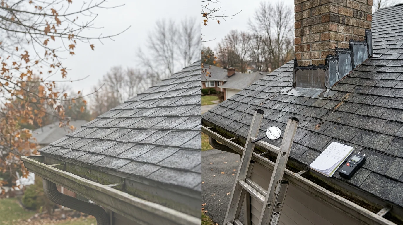 A roofing contractor from Roofing Specialists of Ohio LLC inspecting shingles and flashing on a residential roof in Johnstown, Ohio. The inspector examines the ridge line and gutter edge of a single-family home under clear sky conditions.