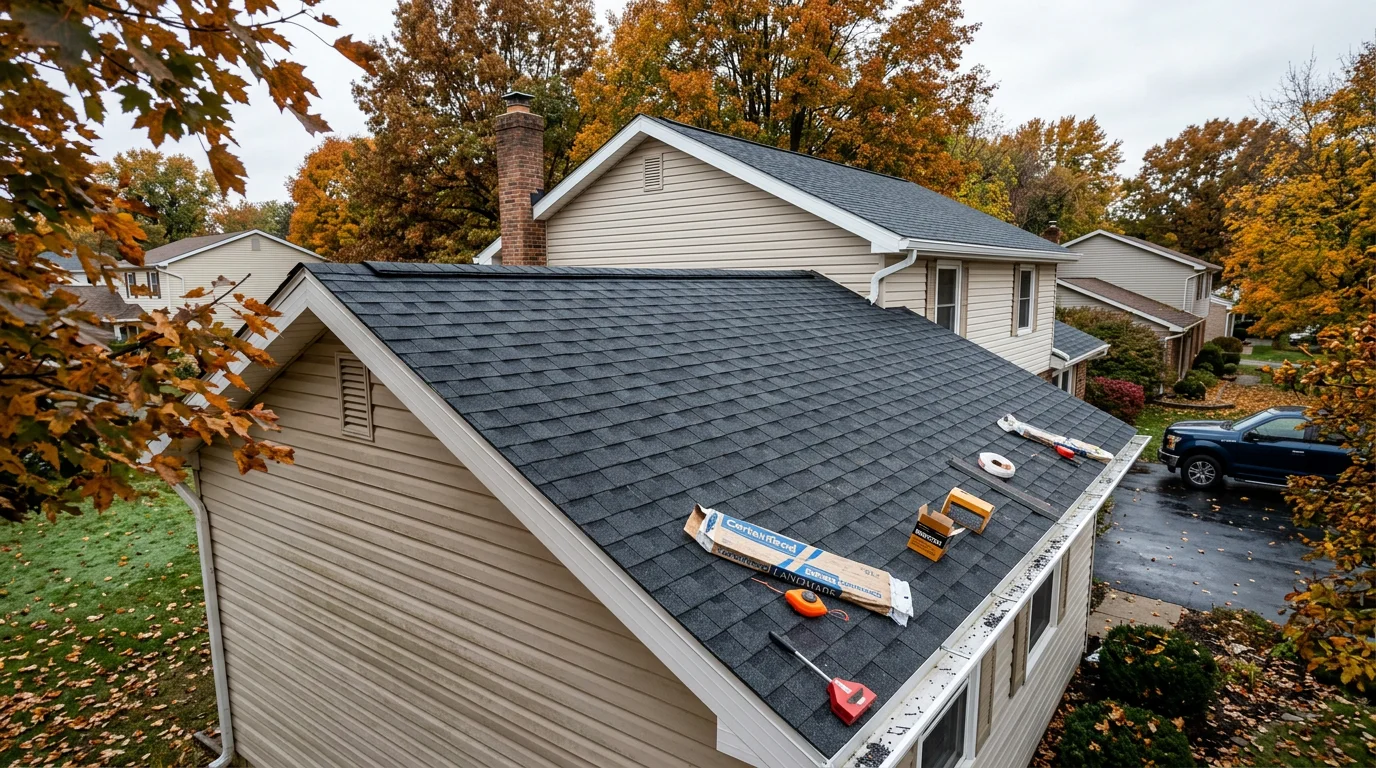 A newly installed residential roof on a single-family home in Johnstown, Ohio, showing clean shingle lines and finished ridge detail. The surrounding neighborhood reflects typical central Ohio residential construction.