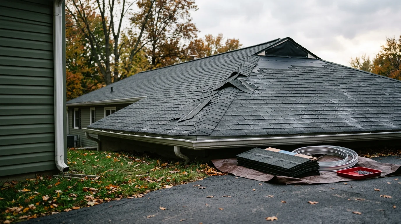 A residential roof in Johnstown, Ohio showing lifted and missing shingles along the ridge line after a Central Ohio wind and hail storm. A roofing contractor from Roofing Specialists of Ohio LLC inspects the damaged flashing and exposed underlayment from the roof surface.
