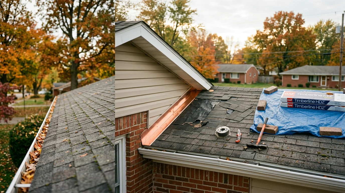 A repaired residential roof in Johnstown, Ohio showing replaced asphalt shingles and resealed flashing around a chimney. The surrounding neighborhood reflects typical Central Ohio suburban housing stock under partly cloudy skies.